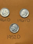 1961D, 1961D, 1952D Roosevelt Dimes, 90% Silver Lot Sale Of 3 Coins