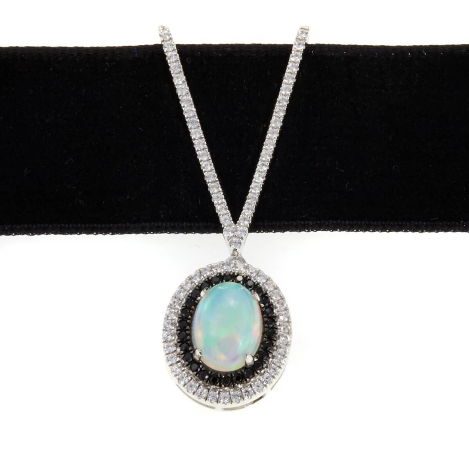 Womens Ethiopian Black Opal, Sterling Silver & Velvet Choker Necklace, New - Imagem 2 de 4