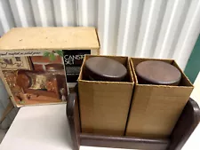 Vintage 1970s Colonial Kitchen 2 x Glass Canister Set W/ Wood Stand NOS In Box