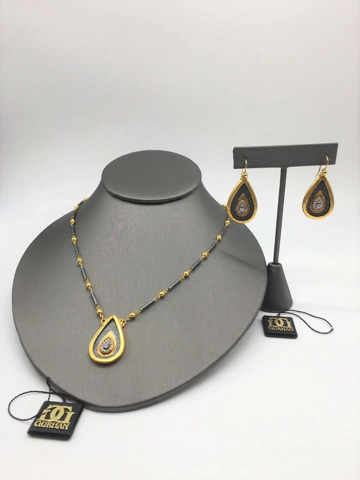 Juego de collar y pendientes Gurhan a juego oro amarillo 24K, plata, diamantes Foto 2 de 4