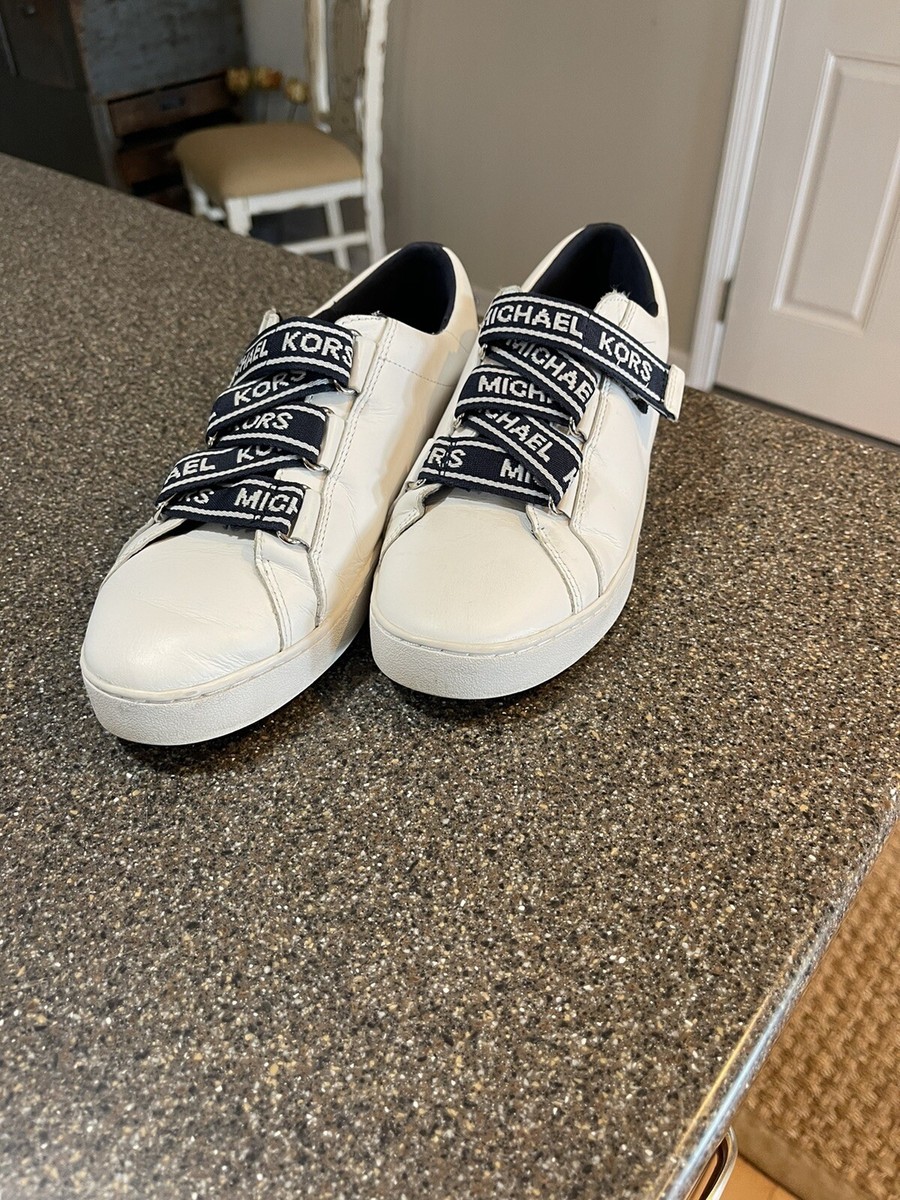 Michael Kors NIB Casey White/Navy Leather Sneaker MK Logo Size 7.5
