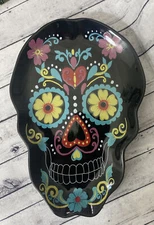 Global Design Connections Sugar Skull Shaped 12" Black Serving Dish Halloween