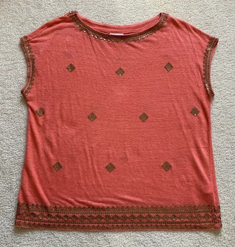 J Jill Love Leinen Pailletten bestickt Boxy Top Damen M Koralle Gold Resort Exotisch