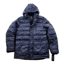 Kenneth Cole Hooded Puffer Jacket Men Small Navy Bellow Pocket New York