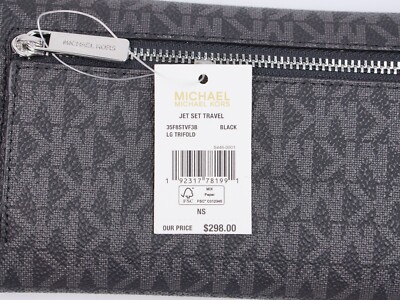 New Michael Kors JET SET Black Brown Vanilla Large TriFold PVC