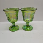 2 Vintage Indiana Carnival Glass Goblets Iridescent Lime Green Harvest Grape