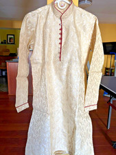 Men  s Golden Jacquard Kurta Pajama Set Indian Ethnic Wear Wedding Party Sherwani