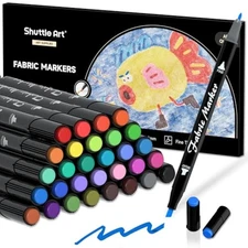 Shuttle Art Dual Tip Fabric Markers, 30 Colors Permanent No Bleed Pens For TShir