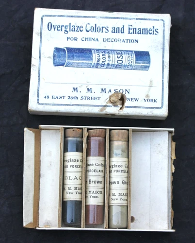 ANTIQUE M. M. MASON OVERGLAZE COLORS &  ENAMEL CHINA PAINTING, 3 VIALS PIGMENTS