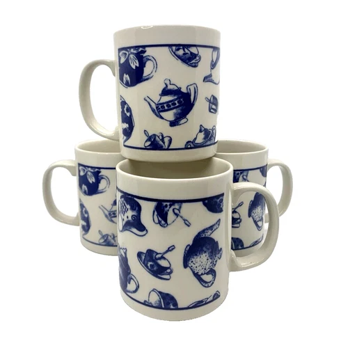 Just Mugs Made in England Set of 4 featuring Teapots and Teacups Blue and White