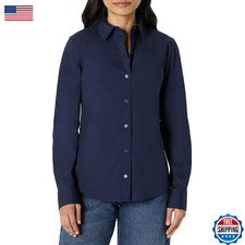 Amazon Essentials Women's Regular-Fit Stretch Poplin Button-Up Dress Shirt, Navy