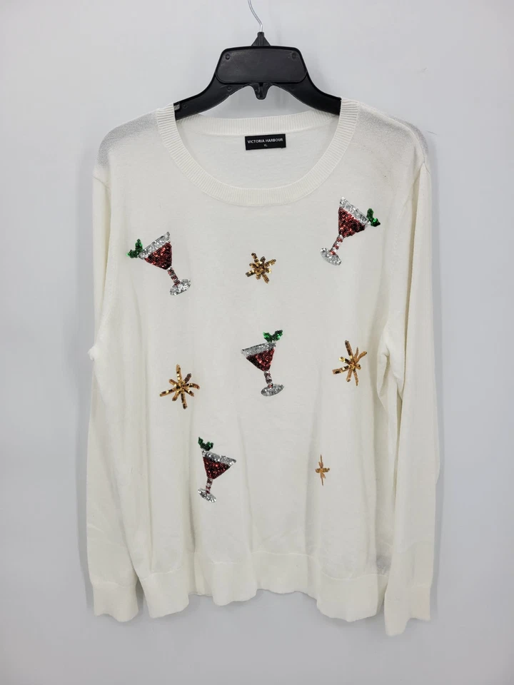 Suéter Victoria Harbour Mujer XL Blanco Lentejuelas Vacaciones Martinis Elegante Foto 2 de 4