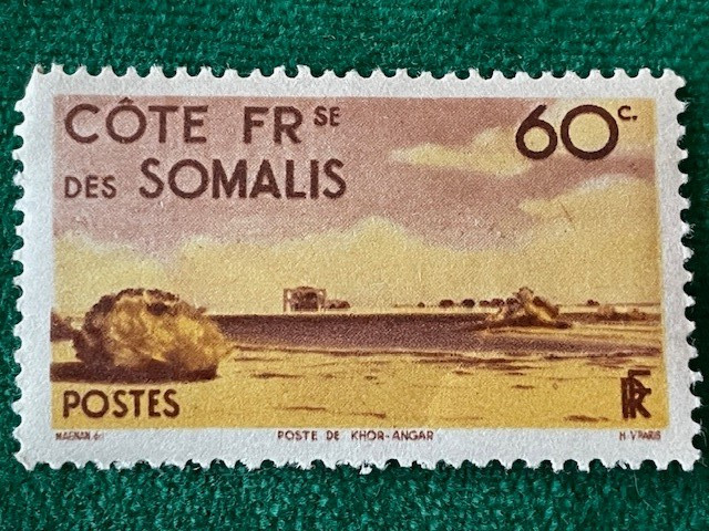 1947 Mint French Somalia 60c postage stamp - coast view of Khor Angar Outpost