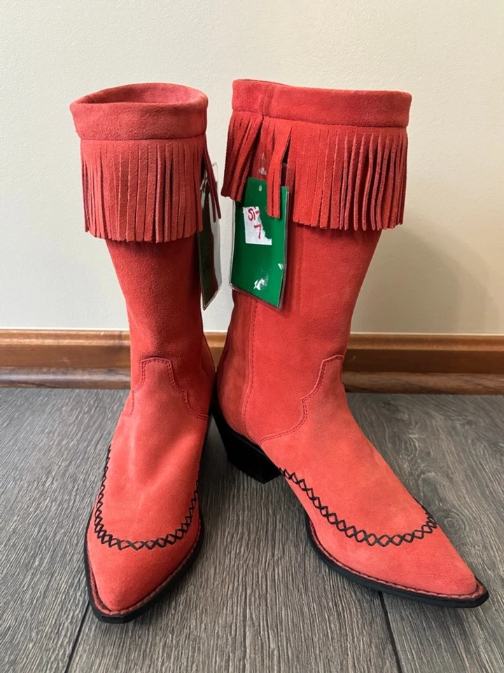 Durango Crush 红色麂皮绒条纹牛仔靴女式 7B 样品罕见西部 — 第 2/4 张图片