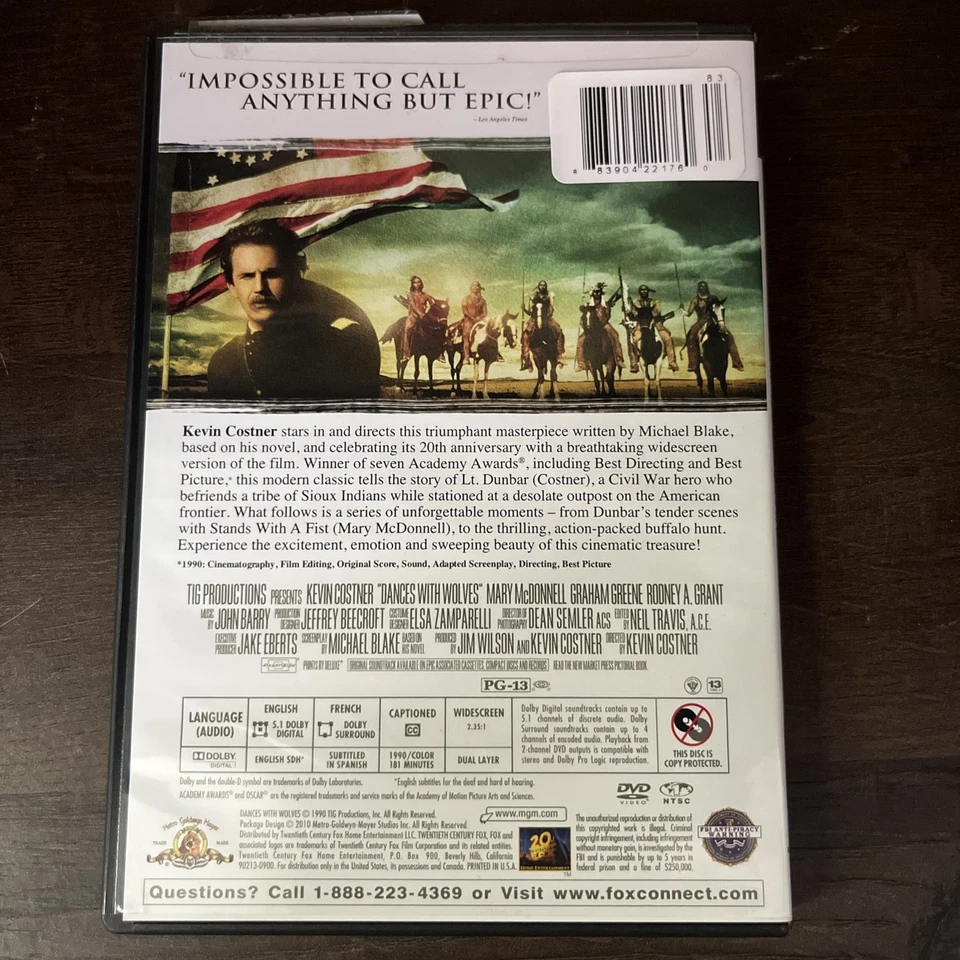 Dances with Wolves (20th Anniversary Edition) DVD -  Good - Kevin Costner - Image 2 of 4