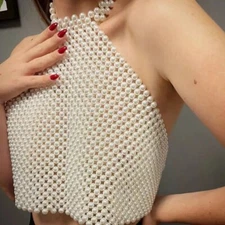 Hot Women Pearl Spice Beaded Bra Hand-Woven White Vest Top Beach Club Party