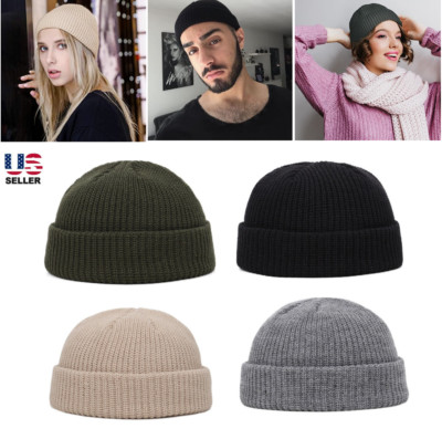 Men Mini Short Fisherman Beanie Hat Ribbed Docker Winter Warm Knitted Skull Caps