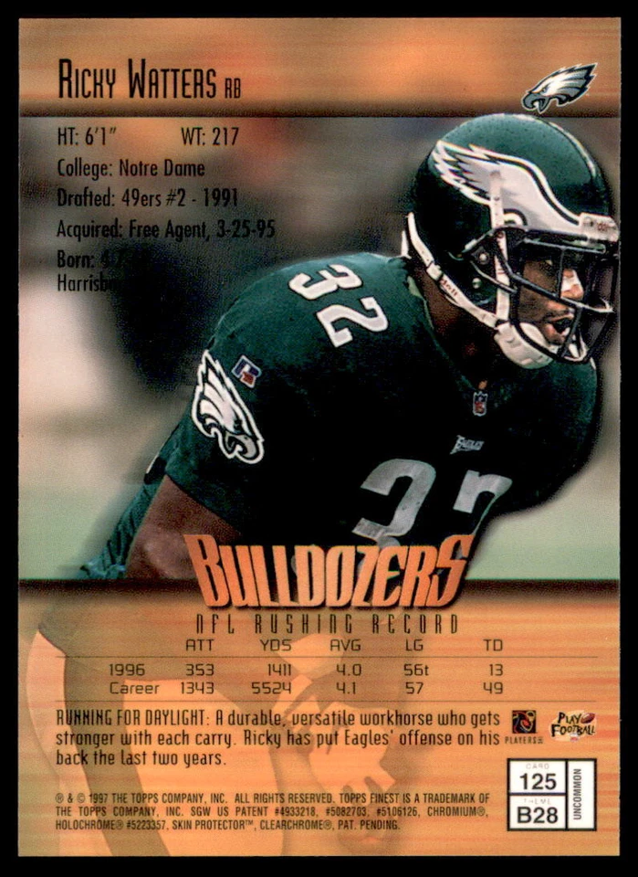 1997 Finest Ricky Watters Philadelphia Eagles #125 - Image 2 of 2