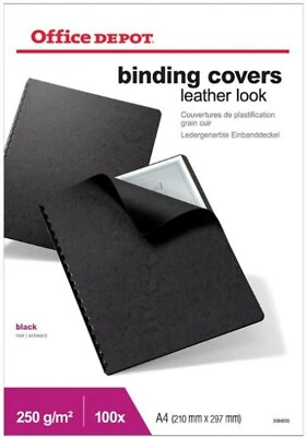 Office Depot A4 210x297mm Binding Covers BLACK LeatherGrain 250gsm (PACK OF 100)