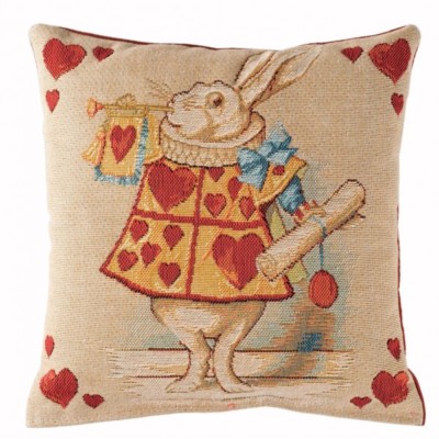 ART de LYS, HEARTS RABBIT (ALICE WONDERLD) FRENCH WOVEN TAPESTRY PILLOW, 9'' x 9''