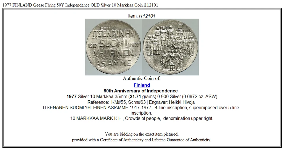 1977 FINLAND Geese Flying 50Y Independence OLD Silver 10 Markkaa Coin i112101 - Image 3 of 3