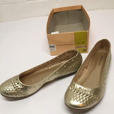 Predictions Womens Carrie Size 7.5 Gold Slip On Flats Faux Leather Weave Design