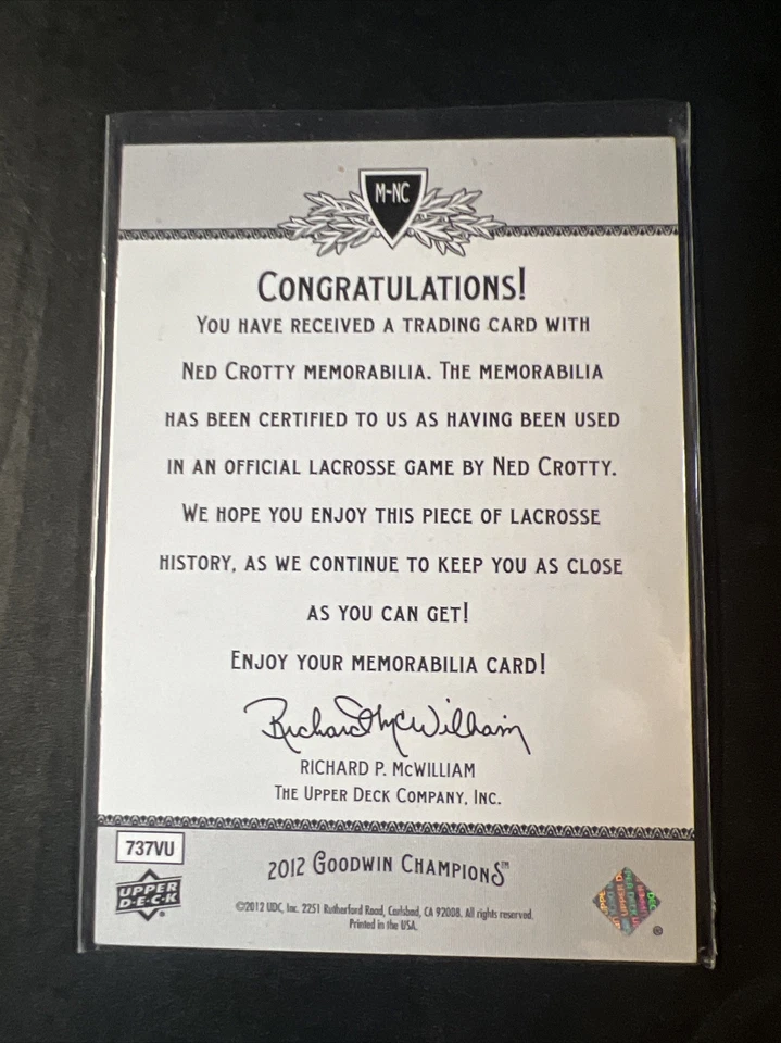 2012 UPPER DECK GOODWIN CHAMPIONS NED CROTTY AUTHENTIC RELIC LACROSSE#M-NC - Image 2 of 2