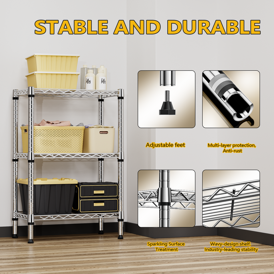 3 Tier Wire Shelving Metal Shelves Organizer Adjustable Chrome Wire ...