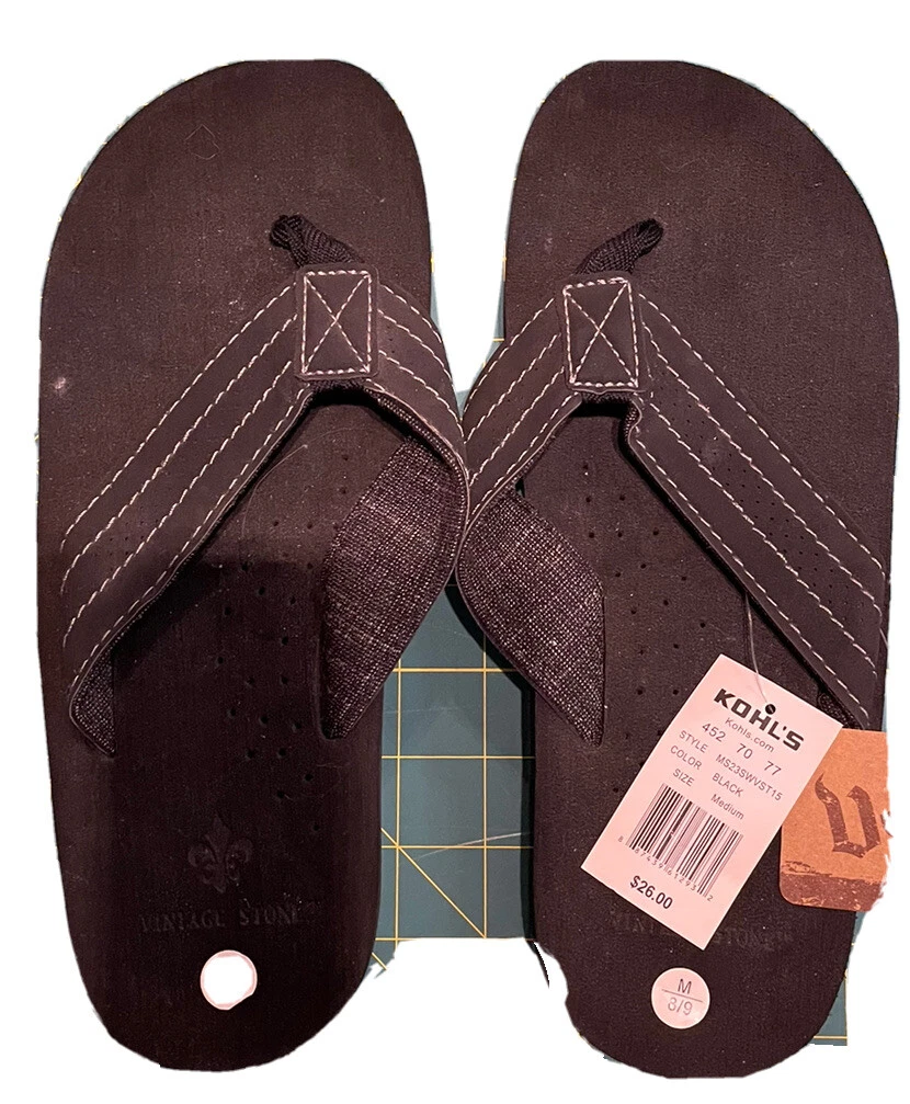 VINTAGE STONE Men s MEDIUM 8 9 BLACK FLIP FLOPS Grey Stitching THONG SANDALS