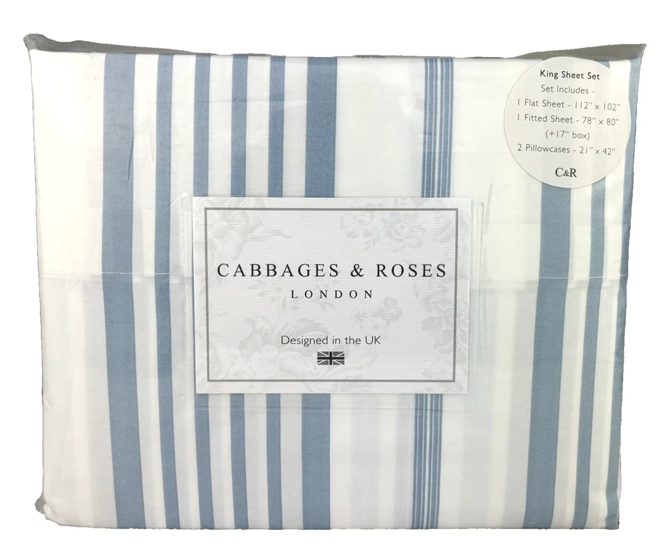 Cabbages & Roses KING Jolly Strip Sheet Set Luxury Cotton Percale Blue White - Image 2 of 4