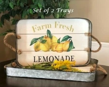 New PRIMITIVE FARM FRESH LEMONADE TRAYS Set of 2 18" AND 20" Handles Metal