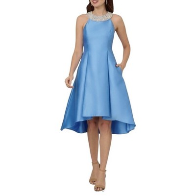 ADRIANNA PAPELL Beaded Neck Mikado High-Low Midi Party Dress Cloud Blue  Size 4 | eBay