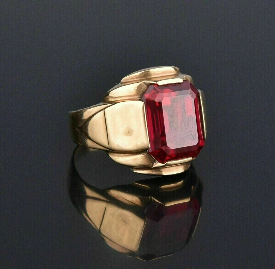 Anillo para hombre regalo de San Valentín corte esmeralda simulado rubí rojo oro amarillo 14k FN Foto 2 de 4