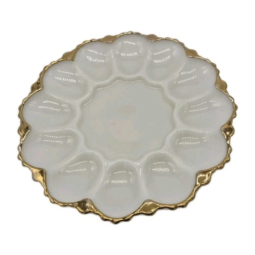 Deviled Egg Plate Tray Vintage Milk Glass w/ Gold Trim Scalloped Edge Easter