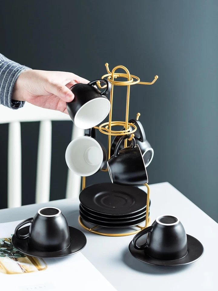 Фарфоровые чашки и блюдца для эспрессо набор с подставкой - элегантный дизайн 3 унц - Изображение 4 из 4