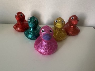 New Lot of 5 Glitter 2  Rubber Ducks  Jeep Duck Race Red Yellow Turquoise Pink