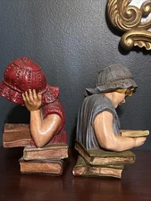 A Pair Of Vintage Victorian Girl Reading Book Colorful Statue Sculpture Bookends