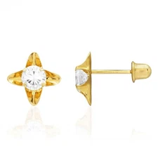 Round-Cut White Zircon Flower Baby Screw Back Stud Earrings 14K Yellow Gold 7mm