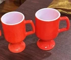 2 Hazel Atlas Red Milk Glass Orange Peel Textured Footed Mugs Vintage Pedestal