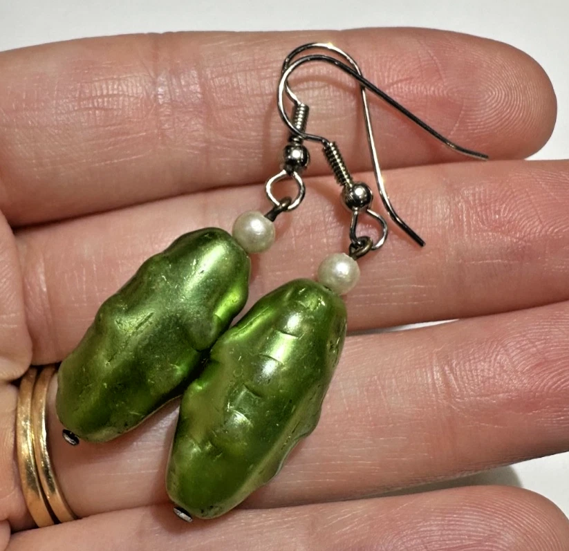 Vintage Verde Perlado Esmalte Cuentas de Cristal Color Plata Pendientes Largos - Imagen 3 de 4