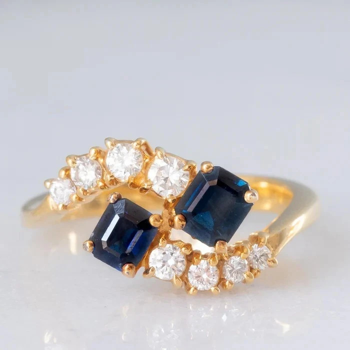 Anillo de boda de cóctel de oro amarillo sólido de 14 quilates con diamantes de zafiro natural de 0,32 quilates