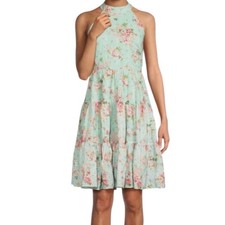 Eliza J floral halter mini tiered floral dress light green size 16