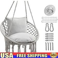 Hand-Woven Hanging Swing Chair Durable Macrame W/ Cushions Indoor Outdoor Decor