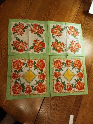 4 Vintage ''New'' Floral Hankies. Green/orange/gold. 2 Kinds, 2 Each. Very Nice!! 