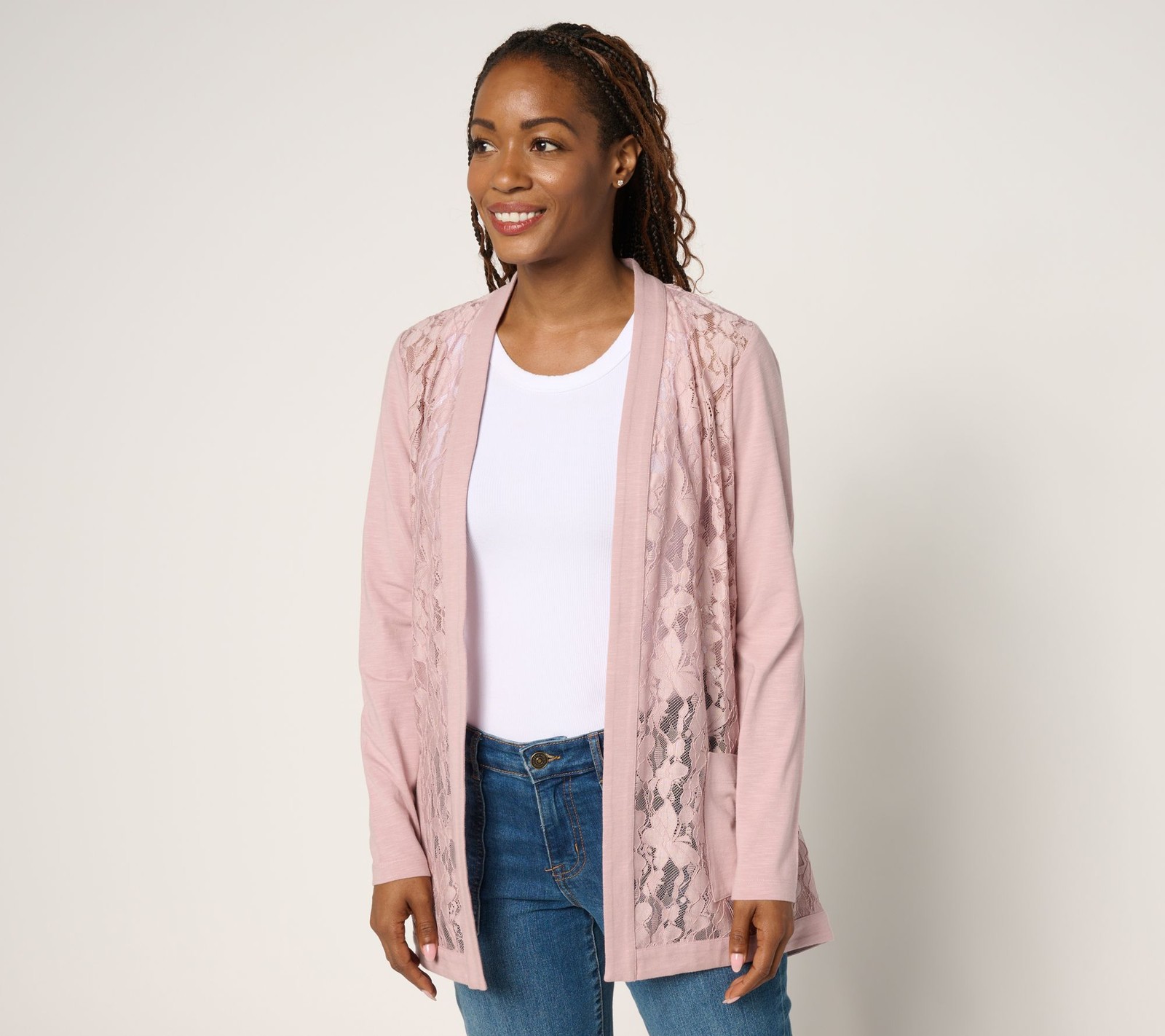 Fashion Women's Top Sweater Sz L Lace and Knit Open Front Cardigan Pink A692505