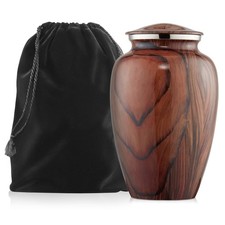 Adult Brass Cremation Urn for Human Ashes - Cherry Wood Grain Finish, Velvet Bag