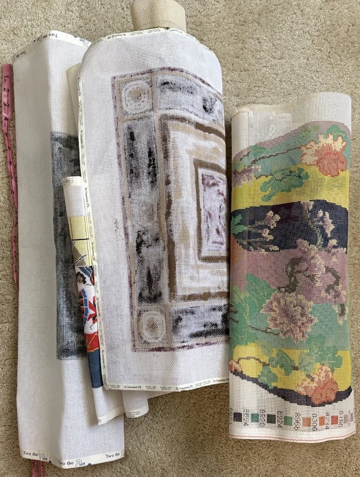 Asian Needlepoint Canvas Lot of 8 Geisha, Urn, Goldfish & a Cow to Complete - Image 2 of 4