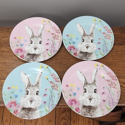 Stechcol Gracie Bone China Easter Bunny Plate Set Appetizer Salad Dish Set/4 NEW