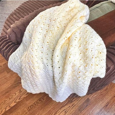 Handmade Crochet Afghan Yellow White Throw Blanket 45x41 Shell Stitch Baby Lap