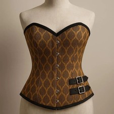 Golden Brocade Overbust Steel Boned Corset with Side Buckles – Size 26 Inch